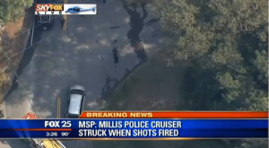 (Screen grab of Fox 25 coverage of manhunt underway in Millis, MA. Courtesy Fox 25)